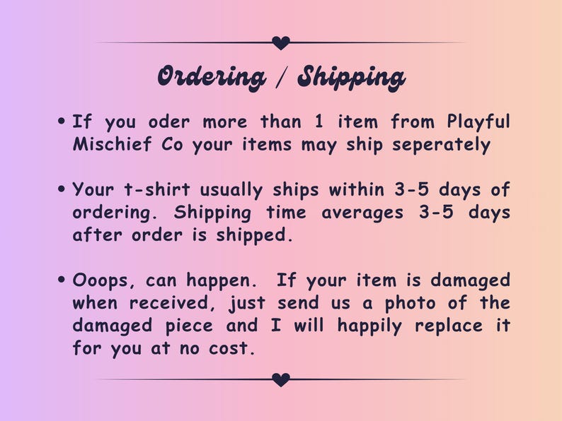 Pode incluir: Um gr&aacute;fico digital com um fundo de gradiente suave que transita de roxo claro para laranja claro. O texto diz: Ordering / Shipping. Inclui tr&ecirc;s t&oacute;picos detalhando pol&iacute;ticas sobre envios de itens, tempos de processamento e substitui&ccedil;&otilde;es.