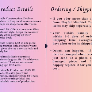 May include: A product details and ordering information graphic on a gradient purple and peach background. The left side lists product features like durable construction, relaxed fit, and sustainable production. The right side details shipping information.