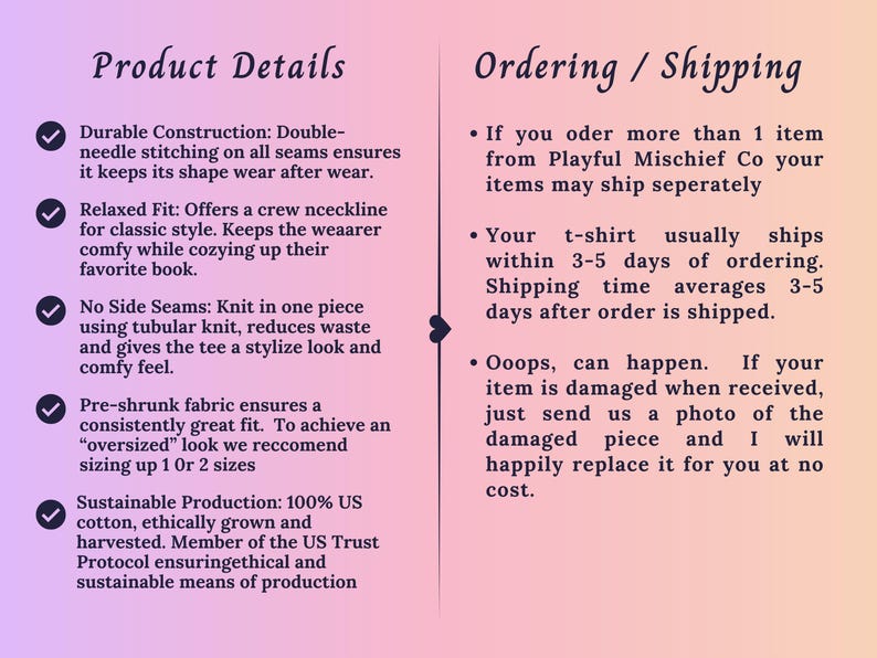 May include: A product details and ordering information graphic on a gradient purple and peach background. The left side lists product features like durable construction, relaxed fit, and sustainable production. The right side details shipping information.