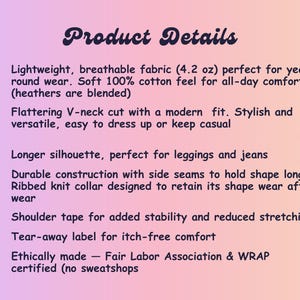 Pode incluir: Um gr&aacute;fico de informa&ccedil;&otilde;es do produto com um fundo degrad&ecirc; de roxo para laranja. O texto diz: Product Details, Lightweight, breathable fabric (119g), V-neck cut, longer silhouette, side seams, ribbed knit collar, shoulder tape, tear-away label.