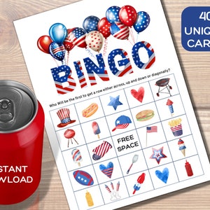Bingo del 4 luglio, perfetto per serate di giochi in famiglia, bingo estivo, giochi patriottici, ottimo per giochi di ricongiungimento familiare