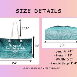 May include: A large tote bag with a teal and white floral pattern. The bag is 61 cm long, 33 cm high, and 14 cm wide, with a handle drop of 29 cm. The text "Everything Mahj" is displayed on the front.
