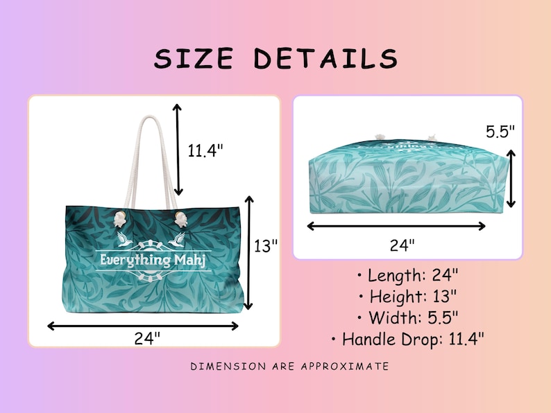 May include: A large tote bag with a teal and white floral pattern. The bag is 61 cm long, 33 cm high, and 14 cm wide, with a handle drop of 29 cm. The text "Everything Mahj" is displayed on the front.
