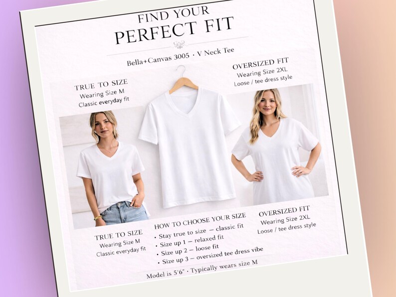 Pode incluir: Uma t-shirt branca com decote em V num cabide, ladeada por duas imagens de uma pessoa a usar a mesma t-shirt nos tamanhos M e 2XL. O gr&aacute;fico inclui o texto FIND YOUR PERFECT FIT, Bella+Canvas 3005 e instru&ccedil;&otilde;es de tamanho.