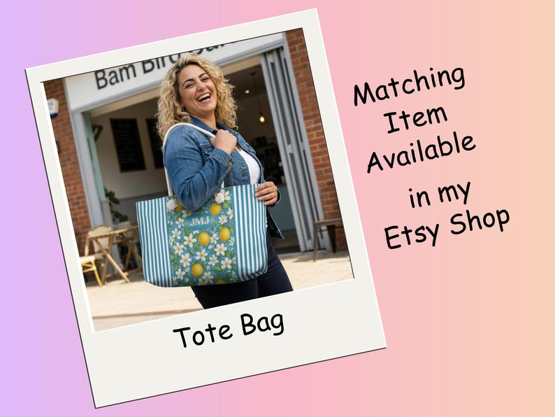 May include: A blue and white striped tote bag with a floral and lemon design. The bag has the initials "JMJ" on the front. The words "Tote Bag" are written at the bottom of the image.