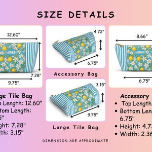 May include: Blue and white striped accessory bags with a lemon and floral pattern. The bags have gold zippers and the initials "JMJ". The large tile bag is 12.60" long, 9.75" bottom length, 7.28" height, and 3.15" width.