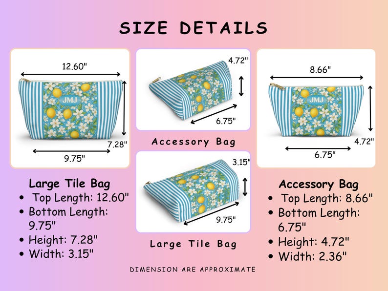 May include: Blue and white striped accessory bags with a lemon and floral pattern. The bags have gold zippers and the initials "JMJ". The large tile bag is 12.60" long, 9.75" bottom length, 7.28" height, and 3.15" width.