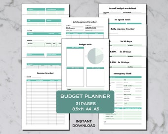 Monthly Budget Planner, 50 30 20 Budget Rule, Snowball Debt Payoff Tracker, 30 day Savings Challenge, Income and Expense Trackers