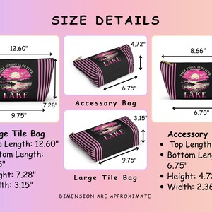 May include: Black and pink striped accessory bags with a landscape design featuring a sunset, lake, and text that reads "MAH JONGG IS BETTER LAKE." The large tile bag is 12.60" long, 9.75" wide, 7.28" high, and 3.15" deep.