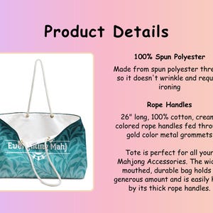 May include: A tote bag with a teal leaf pattern and cream-coloured rope handles. The bag has a white interior and gold-coloured metal grommets. The text "Everything Mahj" is visible on the bag.
