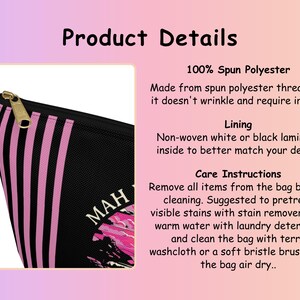 May include: Black cosmetic bag with vertical pink stripes and a gold zipper. The bag features the text "MAH" and a pink design. The product details include 100% spun polyester and care instructions.