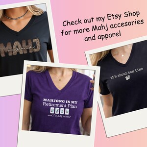May include: Three V-neck t-shirts in black and purple. One black shirt has "it's about bam time" printed on it. Another black shirt has "MAHJ" with "mama" printed on it. The purple shirt says "MAHJONG IS MY Retirement Plan".