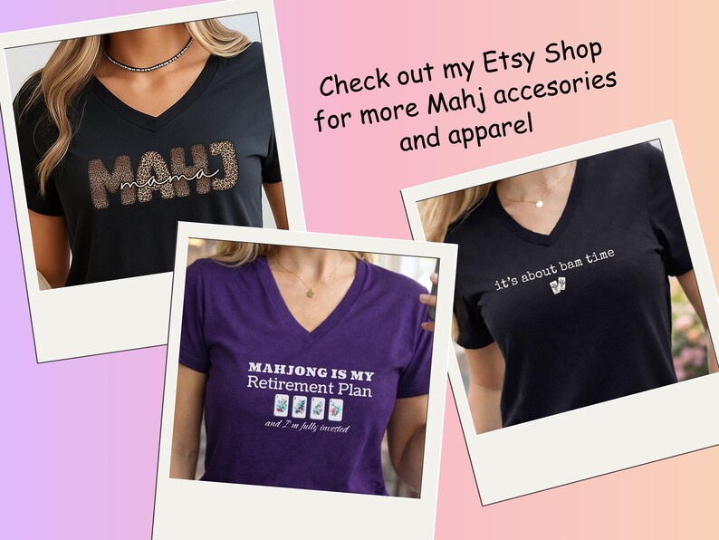 May include: Three V-neck t-shirts in black and purple. One black shirt has "it's about bam time" printed on it. Another black shirt has "MAHJ" with "mama" printed on it. The purple shirt says "MAHJONG IS MY Retirement Plan".