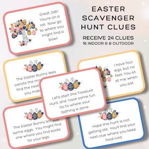 Búsqueda del tesoro de Pascua imprimible para niños, pistas para la búsqueda del tesoro de huevos de Pascua, búsqueda del tesoro, carta del conejito de Pascua para niños