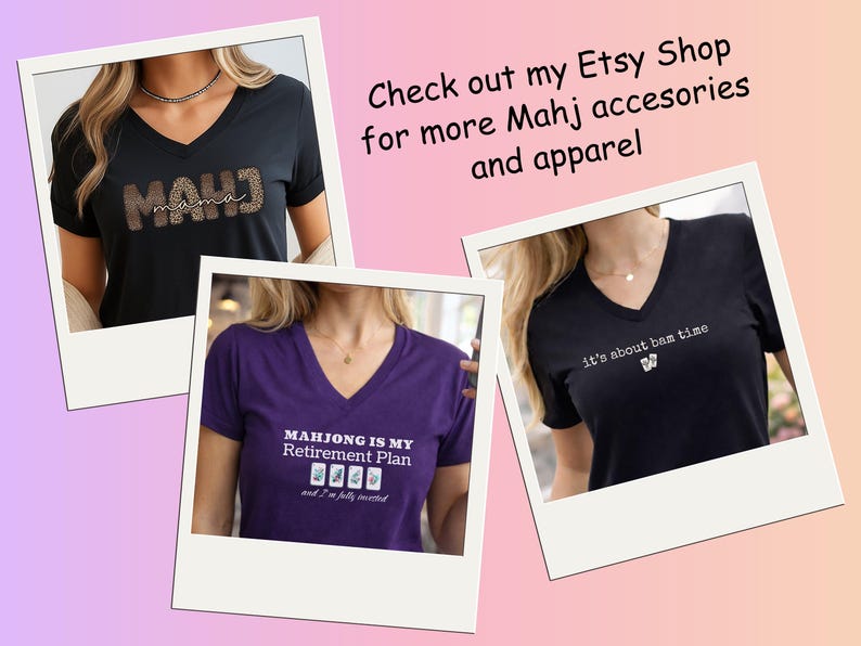 May include: Three V-neck t-shirts in black and purple, each with a different Mahjong-themed design. One shirt says "MAHJ mama" with a leopard print design. Another says "MAHJONG IS MY Retirement Plan". The third says "it's about bam time".