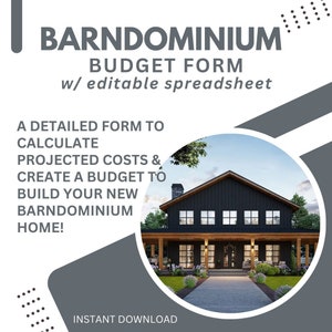 Barndominium budget w/ projected costs worksheet. Barndo estimate resource. General Contractor. Building forms.