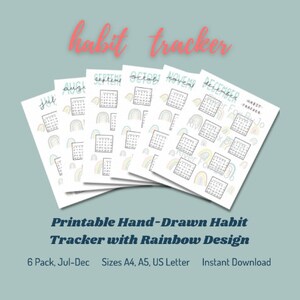 Printable Hand-Drawn Habit Tracker with Pastel Rainbow Design for Bullet Journal/Planner (6 pack, JULY - DECEMBER), A4, A5, US Letter