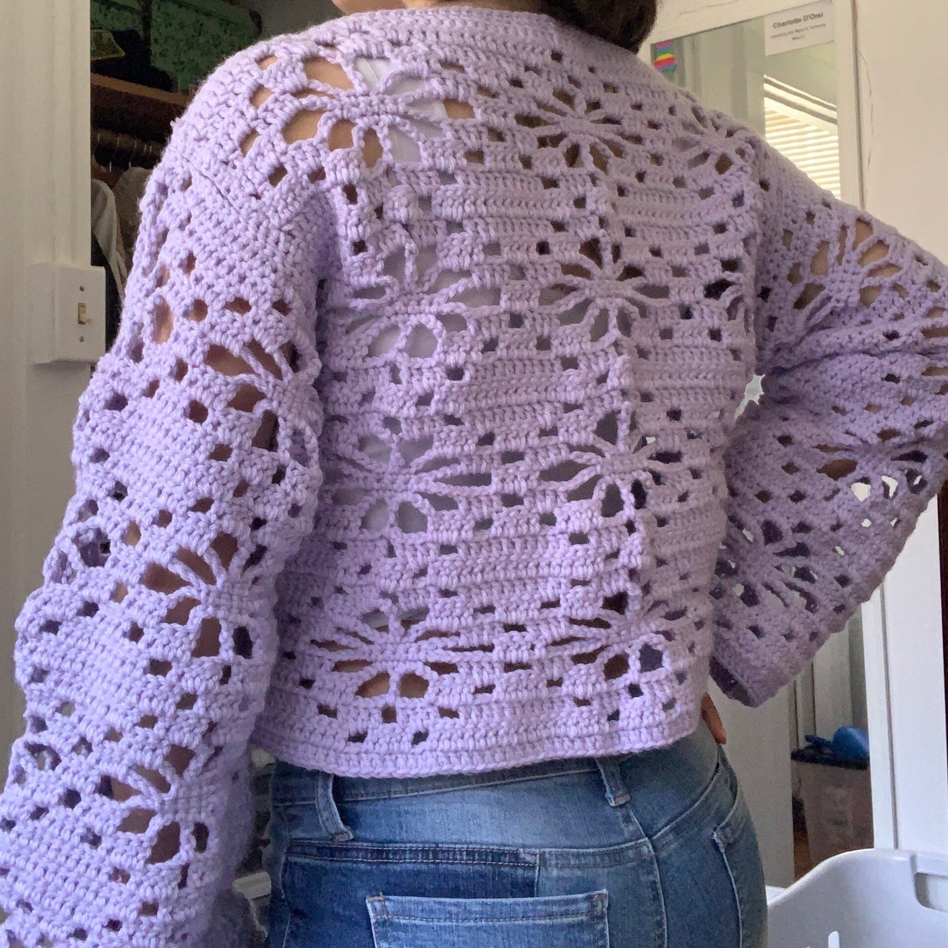Crochet Purple Flower Cut-out Loose-fitting Sweater Premade - Etsy