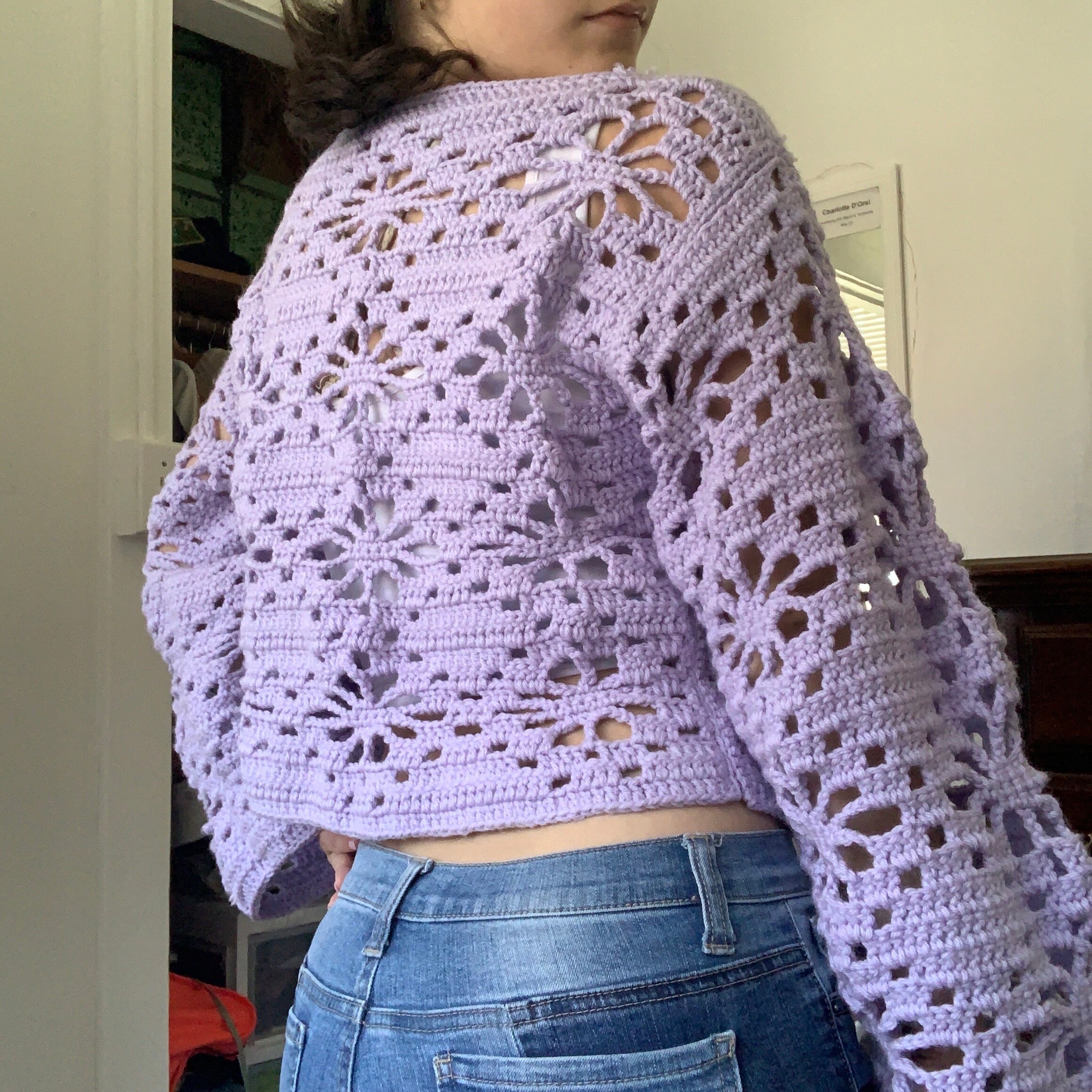 Crochet Purple Flower Cut-out Loose-fitting Sweater Premade - Etsy