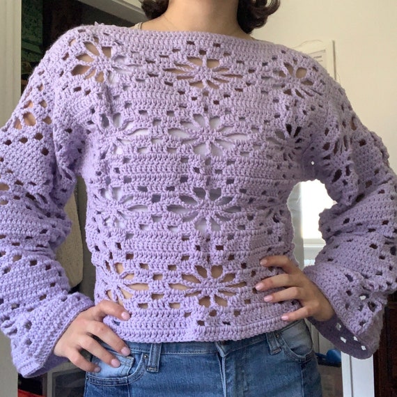 Crochet Purple Flower Cut-out Loose-fitting Sweater