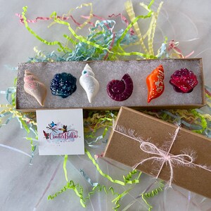 May include: A set of six colorful seashell-shaped hair clips in a brown box with a white interior. The box is surrounded by colorful tissue paper. The hair clips are made of resin and have a glittery finish. The hair clips are in the following colors: pink, red, orange, purple, blue, and white.