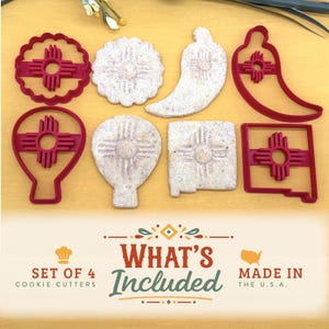 Set of four New Mexico biscochito cookie cutters and finished cookies showing the built-in Zia sun stamp design