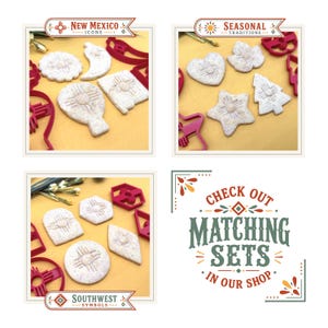 Matching biscochito cookie cutter collections including New Mexico Icons, Seasonal Traditions and Southwest Symbols