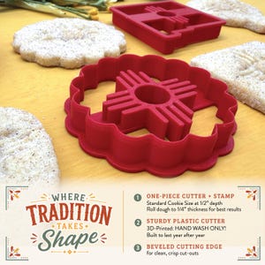 Close-up of one-piece biscochito cookie cutter and Zia stamp showing sturdy 3D-printed construction and cutting edge
