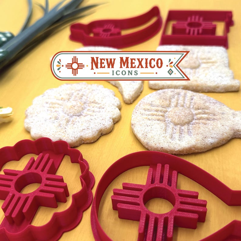 New Mexico Icons biscochito cutter set with Zia-stamped cookies in traditional New Mexico shapes
