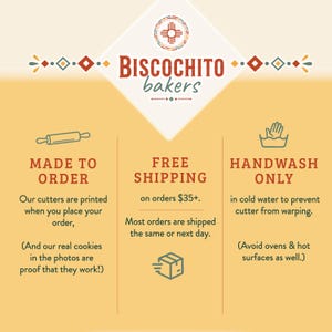 Biscochito cookie cutter ordering and care information including made to order, free shipping over $35 and hand wash only