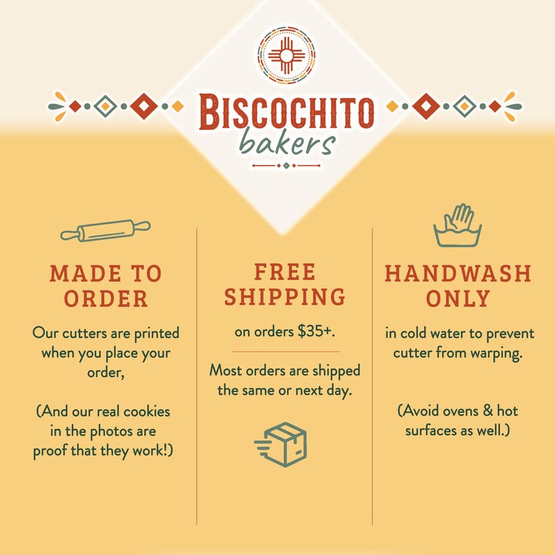 Biscochito cookie cutter ordering and care information including made to order, free shipping over $35 and hand wash only