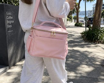 Vegan Leather Insulated Lunch Bag for Women, Large 10L Cooler Bag with Shoulder Strap, Waterproof and Handmade, Blush Pink by Ella James