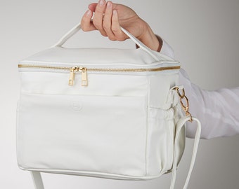Vegan Leather Insulated Lunch Bag for Women, Large 10L Cooler Bag with Shoulder Strap, Waterproof and Handmade, Winter White by Ella James