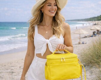 Sac à lunch jaune en cuir végétalien : isolé, étanche, fait main