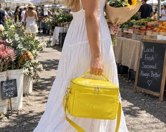 Vegan Leather Insulated Lunch Bag for Women, Large 10L Cooler Bag with Shoulder Strap, Waterproof, Sunny Yellow by Ella James