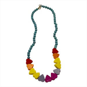May include: A colorful necklace featuring a strand of turquoise beads and heart-shaped pendants in a rainbow of colors. The pendants include red, orange, yellow, gray, and pink. The necklace is secured with a gold-colored clasp.