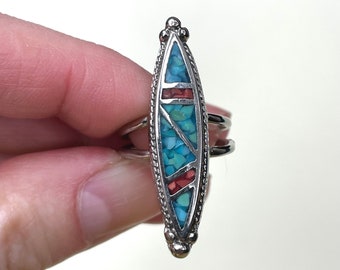 Vintage Sterling Silver Turquoise and Coral Chip Inlay Ring