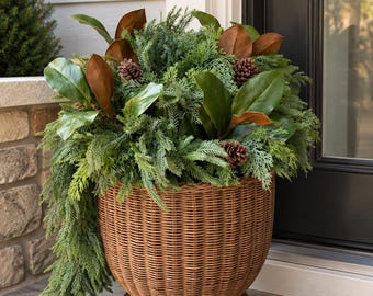 Peut inclure: Un pot de fleurs rond en osier tressé marron avec une base sur pied, rempli d'un arrangement dense de branches de conifères vertes, de feuilles de magnolia marron et de petites pommes de pin, créant un décor végétal texturé.