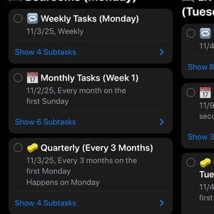 May include: Screenshot of a mobile app interface with a dark background. The app is titled "Home Reset System" and displays a list of tasks categorized by day, including "Bedrooms (Monday)" and "Weekly Tasks (Monday)."