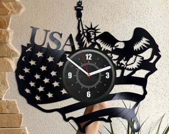 USA Flag Vinyl Record Clock Statue Of Liberty Wall Art Patriotic Decor For Man Room USA Artwork Housewarming Gift For Family