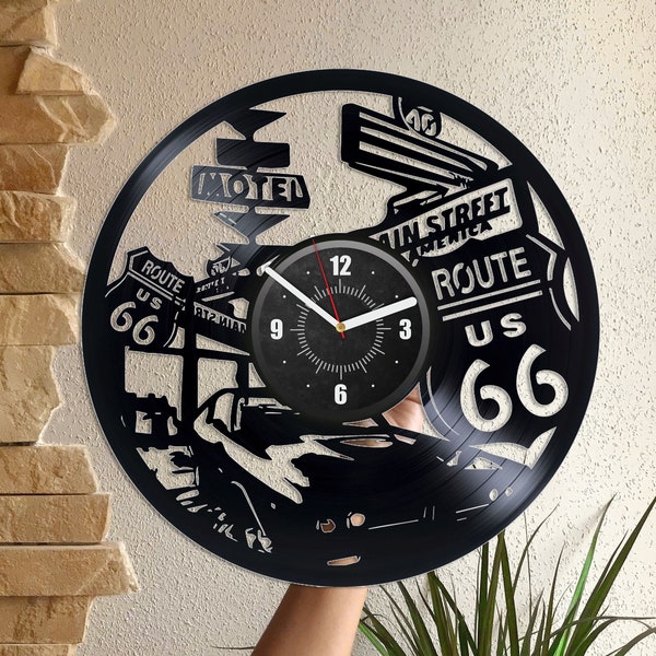 Route 66 Vinyl Record Wall Clock Garage Wall Decor Laser Cut Decoration Route 66 Art Travel Lover Gift Christmas Gift For Dad
