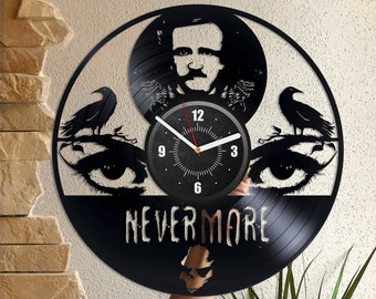 Edgar Allan Poe Vinyl Record Large Wall Clock Poetry Wall Art Creative Decor For Home Bookworm Decor Laser Cut Gift For Dorm Room