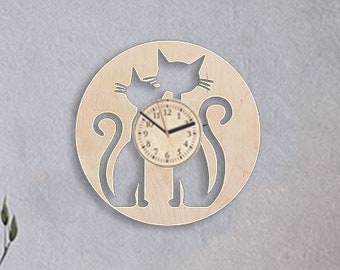 Cats Wooden Clock 12" Unique Decor For Kids Room Eco Friendly Product Rustic Wall Art Birthday Gift Idea for Son or Daughter