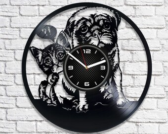 Dog And Cat Vinyl Record Vintage Clock Animals Wall Art Decor For Nursery Wedding Gift For Bride