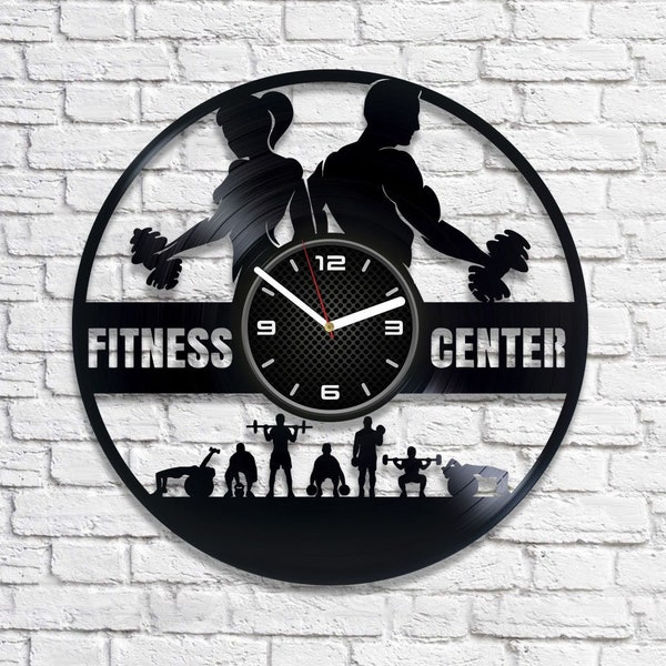 Fitness Club Vinyl Schallplatte Runde Uhr Gym Kunstwerk moderne Deko für Zuhause Geschenk für Fitness Trainer Neue Home Geschenk Ideen