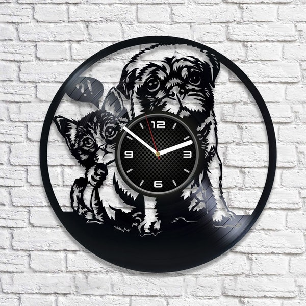 Dog And Cat Vinyl Record Vintage Clock Animals Wall Art Decor For Nursery Wedding Gift For Bride
