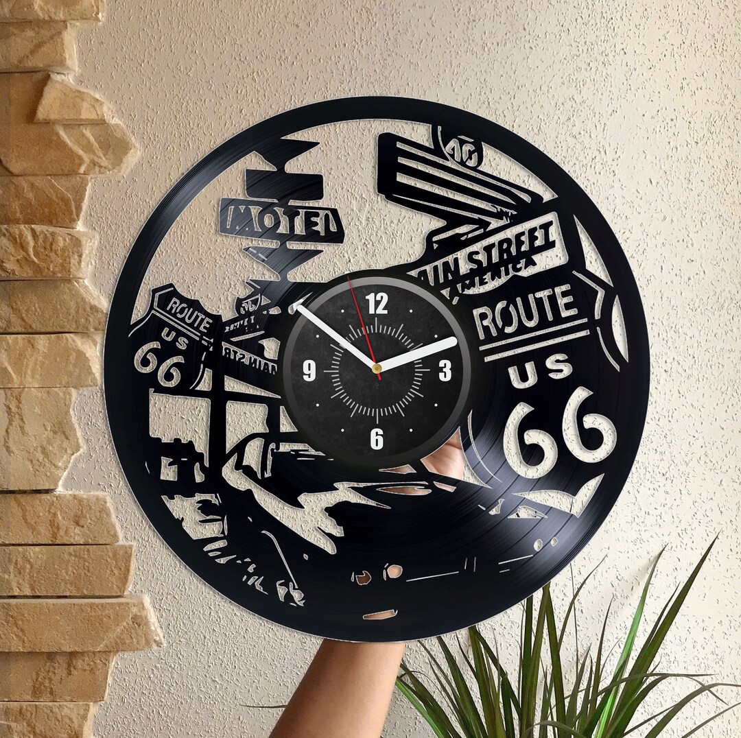 Route 66 Vinyl Record Wall Clock Garage Wall Decor Laser Cut Decoration