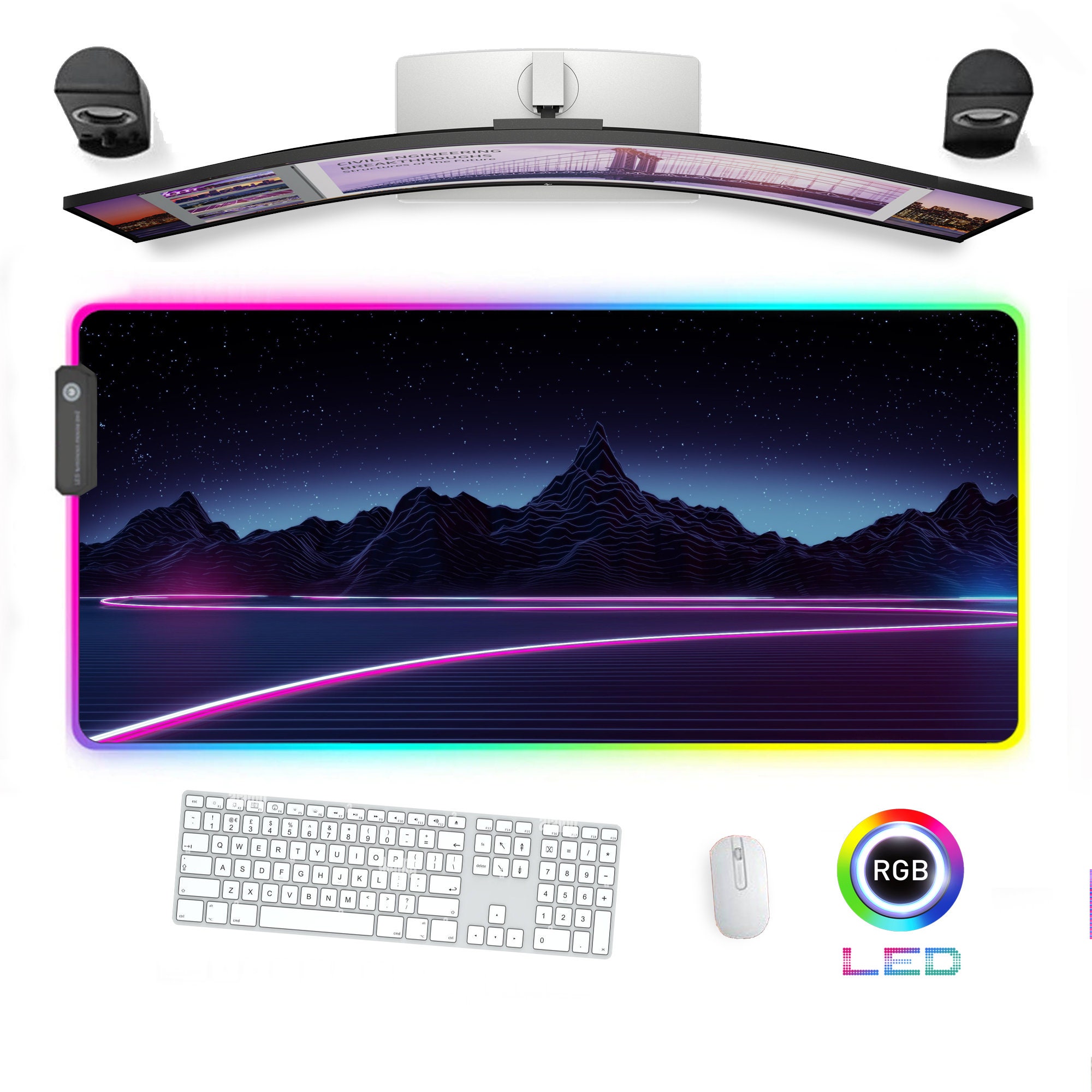 RGB Gaming Desk Mat Led Mousepad Retrowave Synthwave Neon Mountain