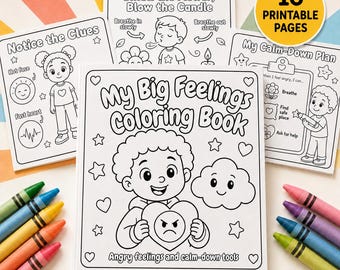 May include: A My Big Feelings Coloring Book with 16 printable pages, featuring black and white line art of children and emotional regulation tools. The cover shows a child holding an angry heart, surrounded by stars and clouds, with crayons.