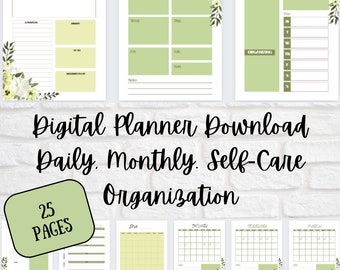 May include: A digital planner set featuring twenty-five pages with sage green accents and white floral illustrations. The layouts include daily to-do lists, weekly schedules, and monthly calendars with headers like Daily To-Do List and Weekly To-Do List.